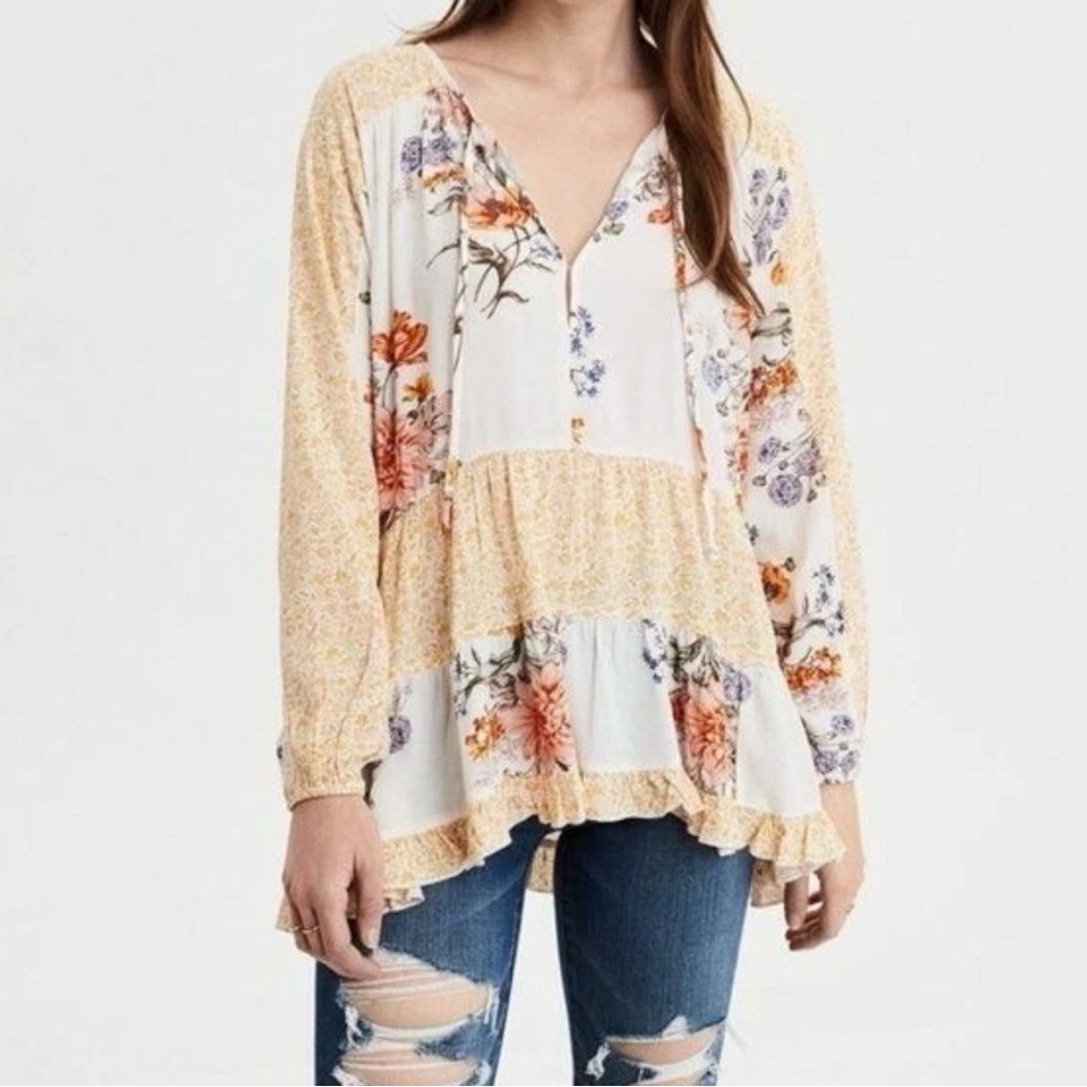 American Eagle Long Sleeve Print Mix Tunic in Cream/Orange  - Size S
